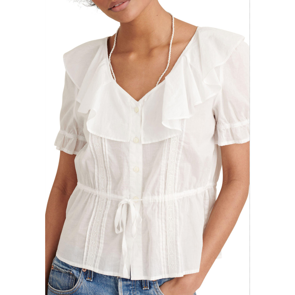Alex Mill Blouse Button Down Ruffle Trim white with Tie Waist Size M